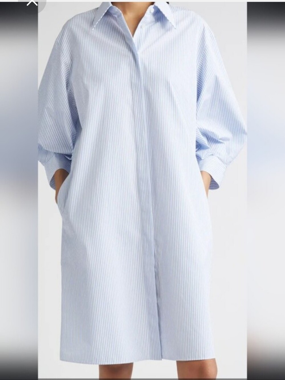 Lafayette 148 Shirt Dress Blue Striped Lantern sleeve Pockets Preppy Cotton XL